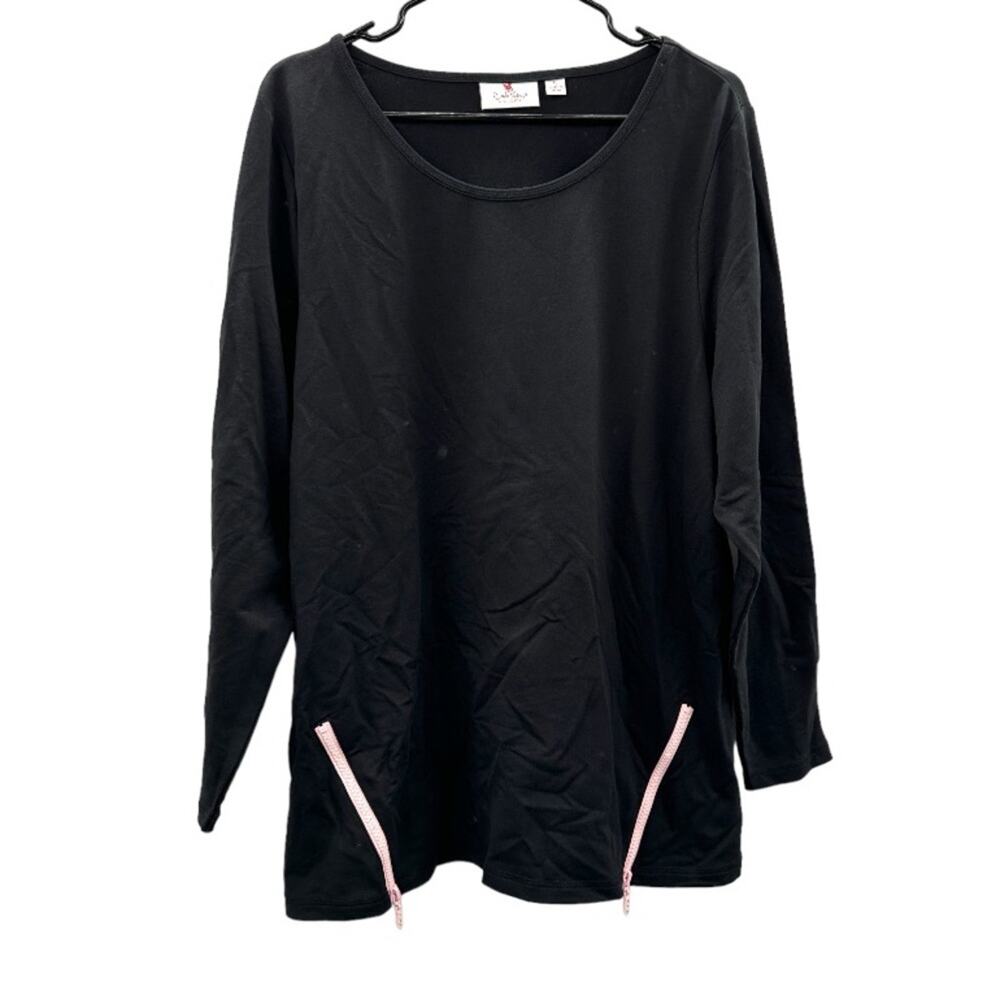 Quacker Factory Black Pink Shark Bite Zippered Hem Long Sleeve Top Size XL